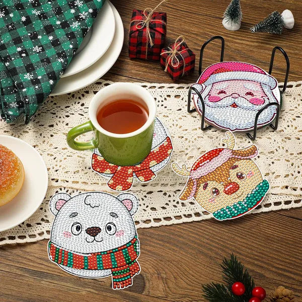 6 Packs Christmas Rhinestones Art Coasters With Holder Snowman Gingerbread Man Penguin Santa Claus Pattern Gift Non Slip Acrylic Cup Coaster 5D DIY Full Drill Rhinestones Dots Art