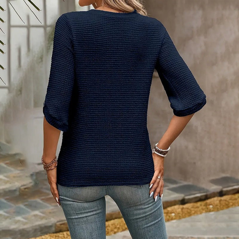 Women's Crew Neck Half Sleeve Shirts Waffle Knit Loose Blouse Solid Color Tops