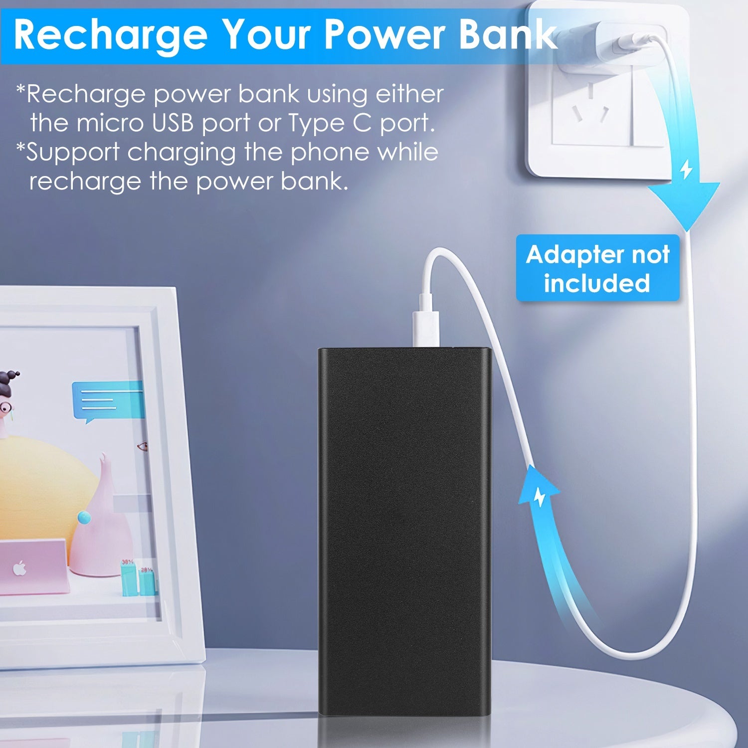 1Pc 20000mAh Power Bank Portable External Battery Pack Phone Charger With Dual USB Output Type C Micro USB Input