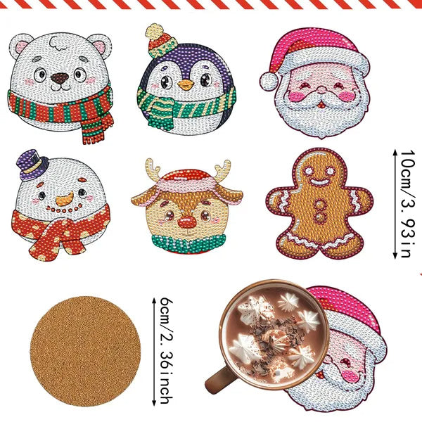 6 Packs Christmas Rhinestones Art Coasters With Holder Snowman Gingerbread Man Penguin Santa Claus Pattern Gift Non Slip Acrylic Cup Coaster 5D DIY Full Drill Rhinestones Dots Art