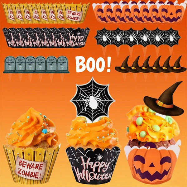 48 Pcs Halloween Cupcake Toppers Wrappers Spider Web Pumpkin Zombie Disposable Artistic Bake Paper Cups For Halloween Theme Party Kitchen Cupcake Baking Supplies