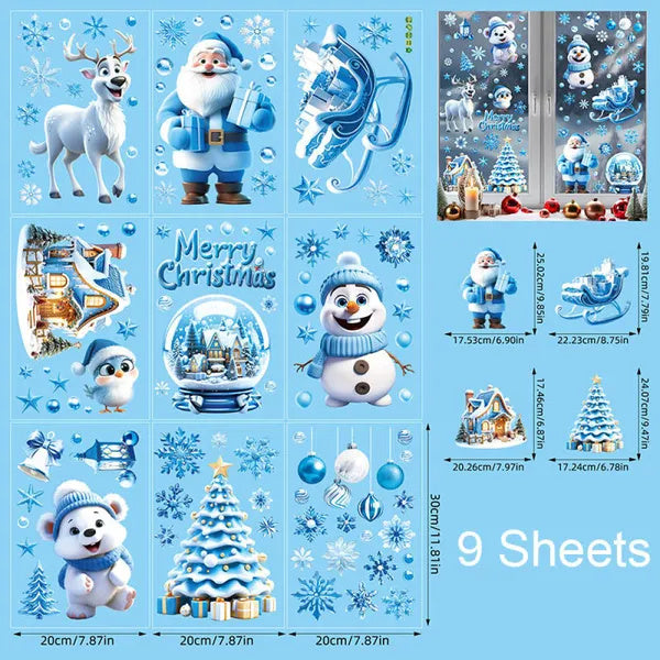 9 Sheets Christmas Window Clings Blue Theme Santa Claus Reindeer Snowman Snowflake Pattern Window Decal Reusable Double Sided Static Stickers For Holiday Winter Xmas Party Decoration