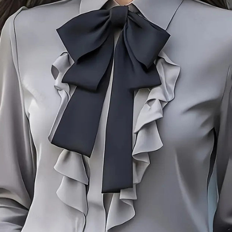 Women's Elegant Ruffle Trim Blouse With Black Bow Tie, Long Sleeve Office Shirt For Spring & Fall