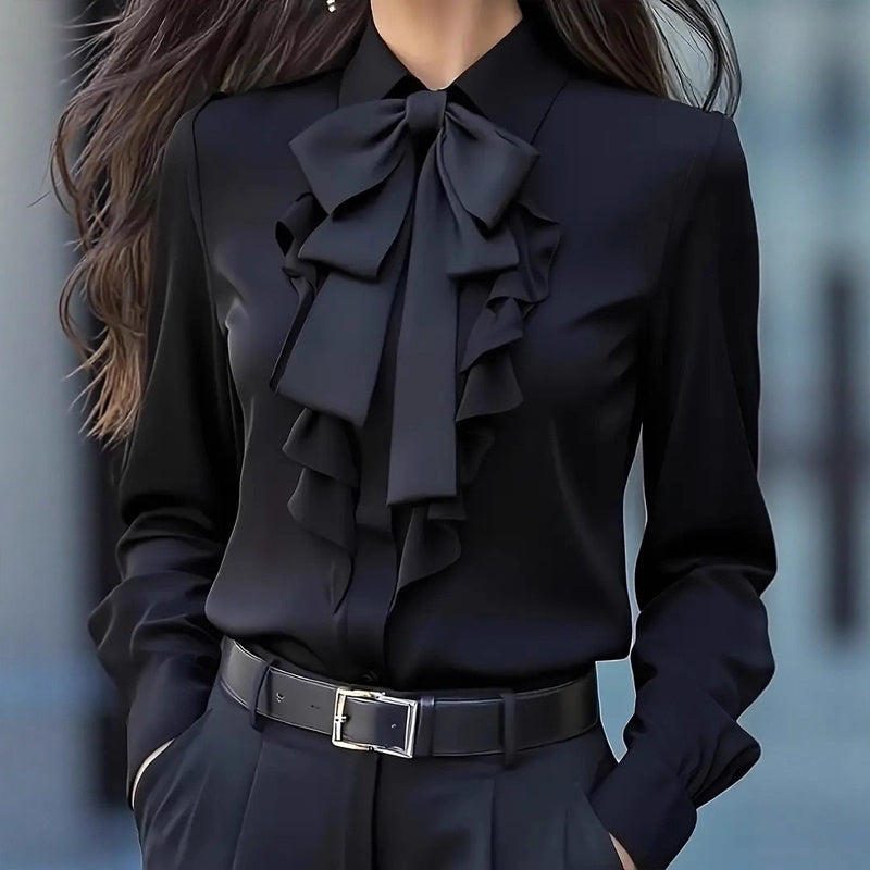 Women's Elegant Ruffle Trim Blouse With Black Bow Tie, Long Sleeve Office Shirt For Spring & Fall