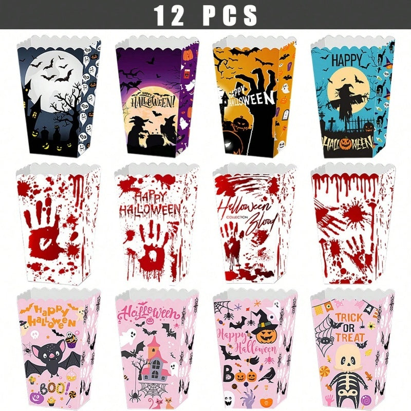 12 Popcorn Boxes Ghost Bat Halloween Party Movie Night Gift Supplies Snack Boxes Disposable Paper Containers With Blood Handprint Decorations