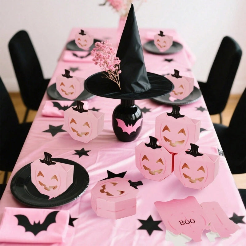 20 PcsPink Halloween Gift Boxes Pumpkin Shaped Treat Boxes Square Favor Wrapping Boxes Halloween Party Favor Supplies For Indoor Home Holiday Party Thanksgiving Decorations