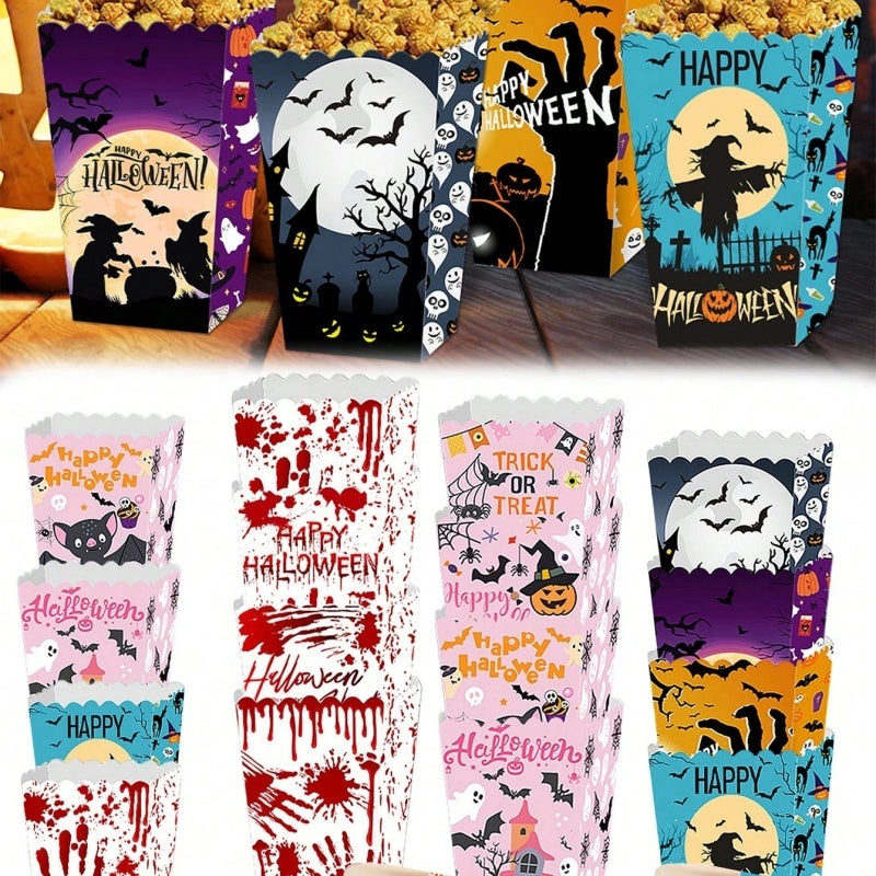 12 Popcorn Boxes Ghost Bat Halloween Party Movie Night Gift Supplies Snack Boxes Disposable Paper Containers With Blood Handprint Decorations