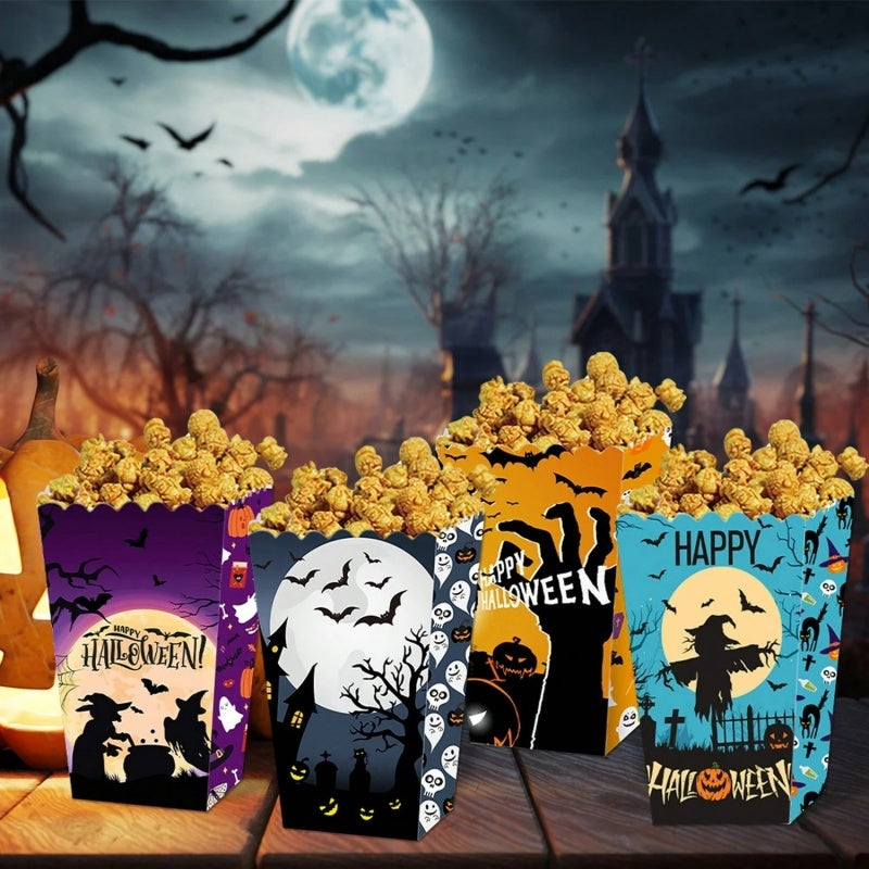 12 Popcorn Boxes Ghost Bat Halloween Party Movie Night Gift Supplies Snack Boxes Disposable Paper Containers With Blood Handprint Decorations