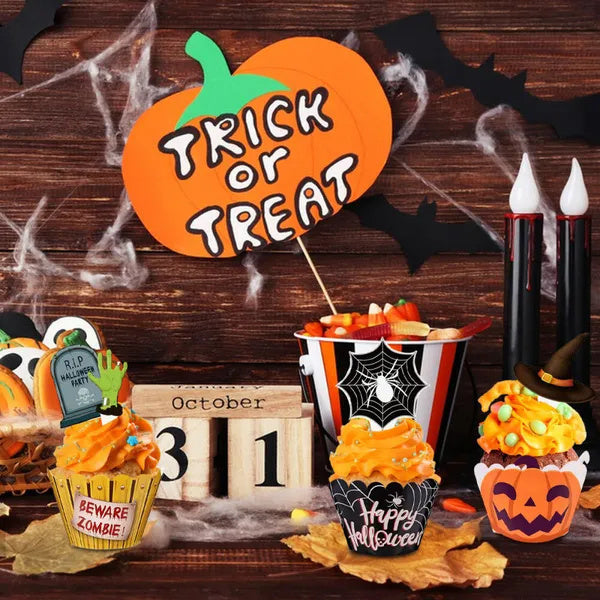 48 Pcs Halloween Cupcake Toppers Wrappers Spider Web Pumpkin Zombie Disposable Artistic Bake Paper Cups For Halloween Theme Party Kitchen Cupcake Baking Supplies