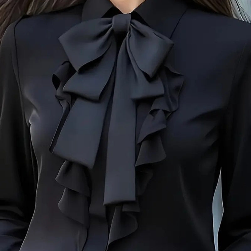 Women's Elegant Ruffle Trim Blouse With Black Bow Tie, Long Sleeve Office Shirt For Spring & Fall