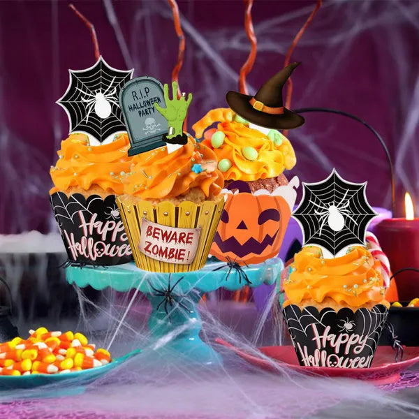 48 Pcs Halloween Cupcake Toppers Wrappers Spider Web Pumpkin Zombie Disposable Artistic Bake Paper Cups For Halloween Theme Party Kitchen Cupcake Baking Supplies