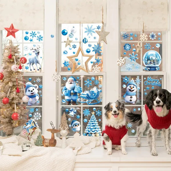 9 Sheets Christmas Window Clings Blue Theme Santa Claus Reindeer Snowman Snowflake Pattern Window Decal Reusable Double Sided Static Stickers For Holiday Winter Xmas Party Decoration