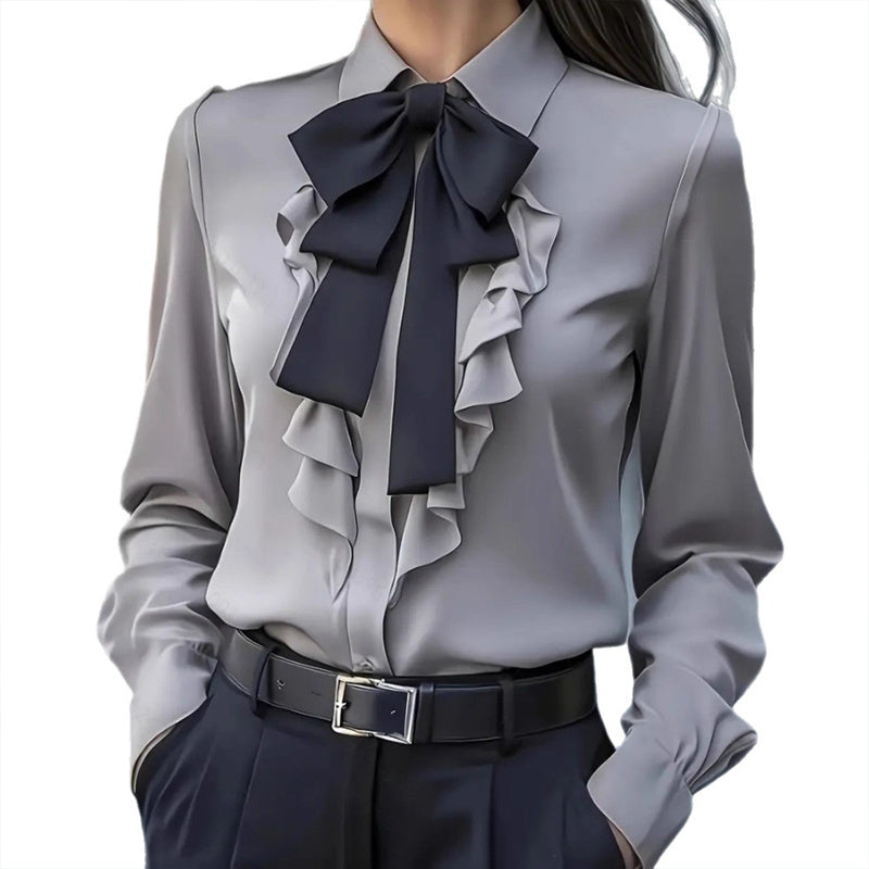 Women's Elegant Ruffle Trim Blouse With Black Bow Tie, Long Sleeve Office Shirt For Spring & Fall