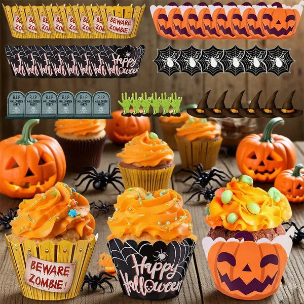 48 Pcs Halloween Cupcake Toppers Wrappers Spider Web Pumpkin Zombie Disposable Artistic Bake Paper Cups For Halloween Theme Party Kitchen Cupcake Baking Supplies