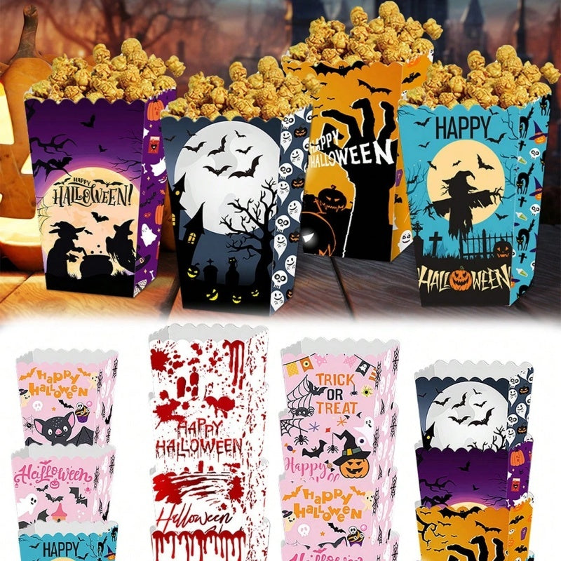 12 Popcorn Boxes Ghost Bat Halloween Party Movie Night Gift Supplies Snack Boxes Disposable Paper Containers With Blood Handprint Decorations