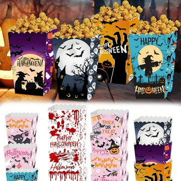 12 Popcorn Boxes Ghost Bat Halloween Party Movie Night Gift Supplies Snack Boxes Disposable Paper Containers With Blood Handprint Decorations