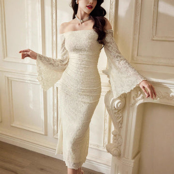 European And American-style Off-neck Lace Bell Sleeve Wooden Ear Slim-fit Long Dress