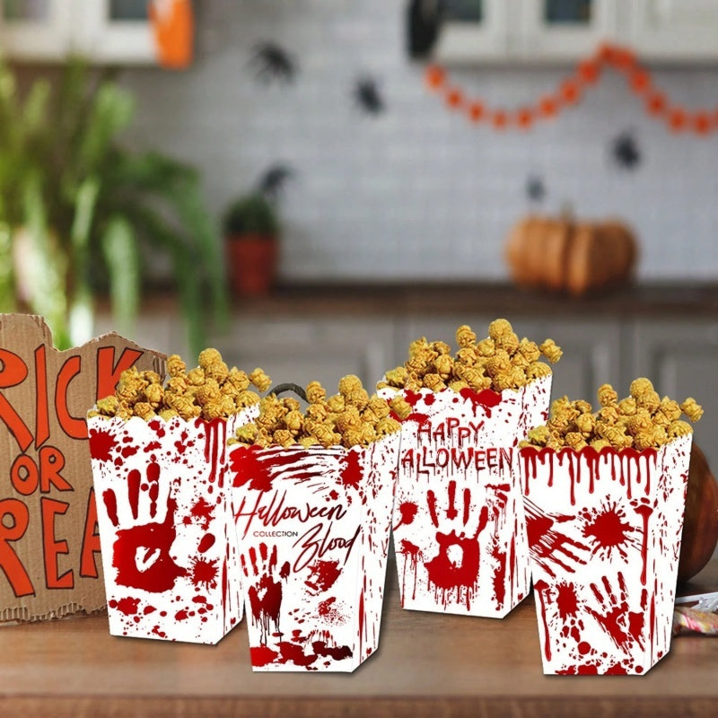 12 Popcorn Boxes Ghost Bat Halloween Party Movie Night Gift Supplies Snack Boxes Disposable Paper Containers With Blood Handprint Decorations