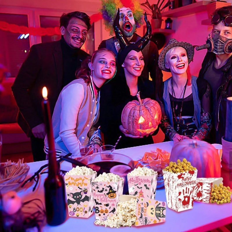 12 Popcorn Boxes Ghost Bat Halloween Party Movie Night Gift Supplies Snack Boxes Disposable Paper Containers With Blood Handprint Decorations