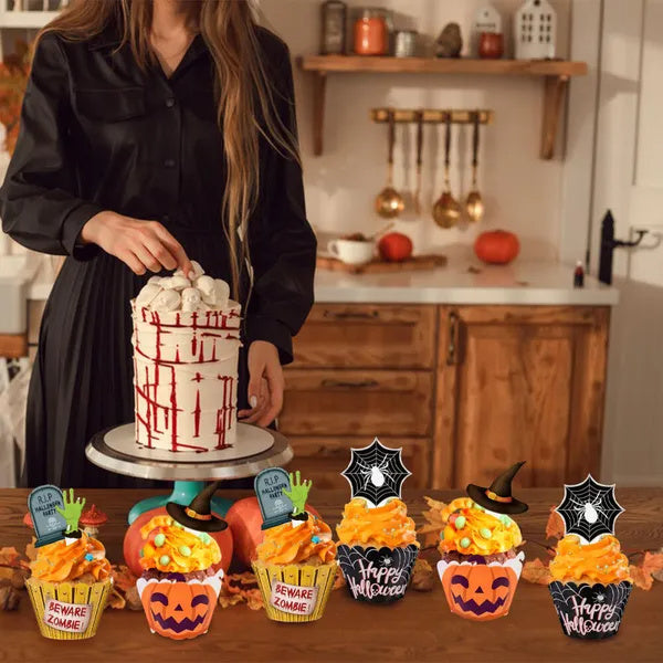 48 Pcs Halloween Cupcake Toppers Wrappers Spider Web Pumpkin Zombie Disposable Artistic Bake Paper Cups For Halloween Theme Party Kitchen Cupcake Baking Supplies