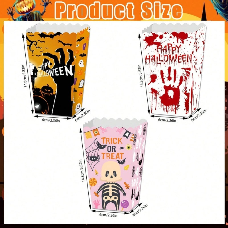 12 Popcorn Boxes Ghost Bat Halloween Party Movie Night Gift Supplies Snack Boxes Disposable Paper Containers With Blood Handprint Decorations