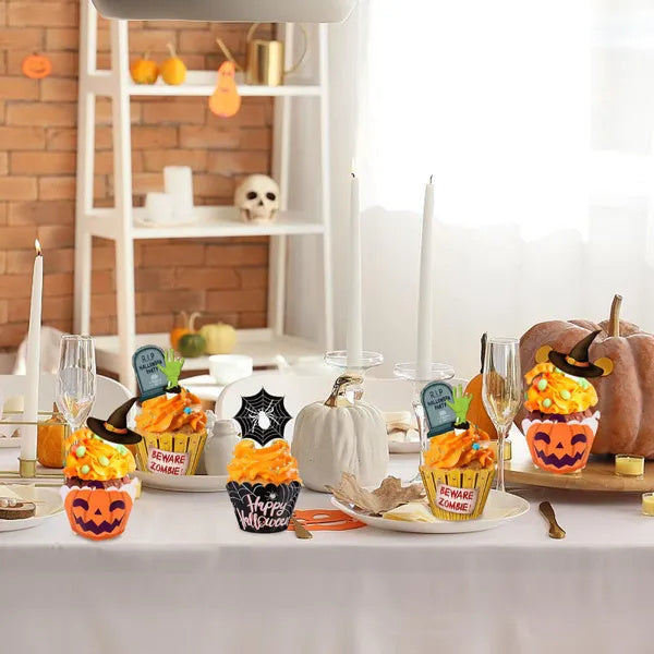48 Pcs Halloween Cupcake Toppers Wrappers Spider Web Pumpkin Zombie Disposable Artistic Bake Paper Cups For Halloween Theme Party Kitchen Cupcake Baking Supplies