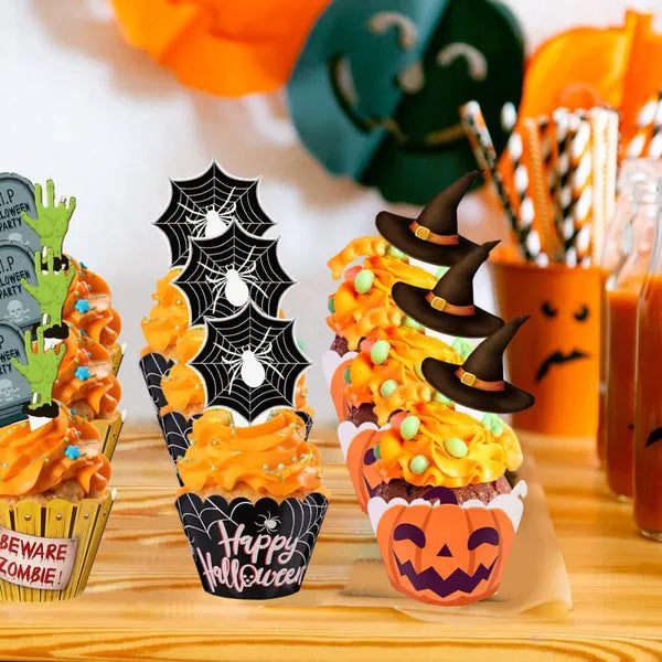 48 Pcs Halloween Cupcake Toppers Wrappers Spider Web Pumpkin Zombie Disposable Artistic Bake Paper Cups For Halloween Theme Party Kitchen Cupcake Baking Supplies