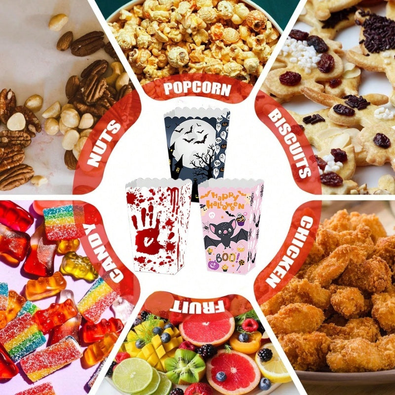 12 Popcorn Boxes Ghost Bat Halloween Party Movie Night Gift Supplies Snack Boxes Disposable Paper Containers With Blood Handprint Decorations