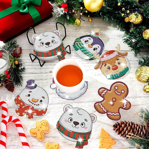 6 Packs Christmas Rhinestones Art Coasters With Holder Snowman Gingerbread Man Penguin Santa Claus Pattern Gift Non Slip Acrylic Cup Coaster 5D DIY Full Drill Rhinestones Dots Art