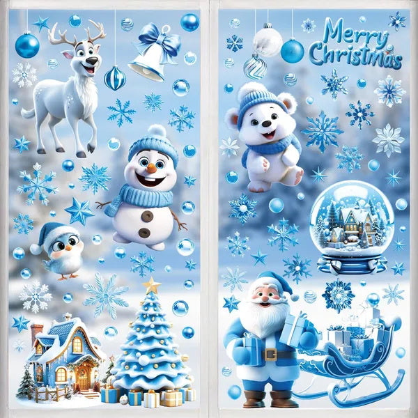 9 Sheets Christmas Window Clings Blue Theme Santa Claus Reindeer Snowman Snowflake Pattern Window Decal Reusable Double Sided Static Stickers For Holiday Winter Xmas Party Decoration